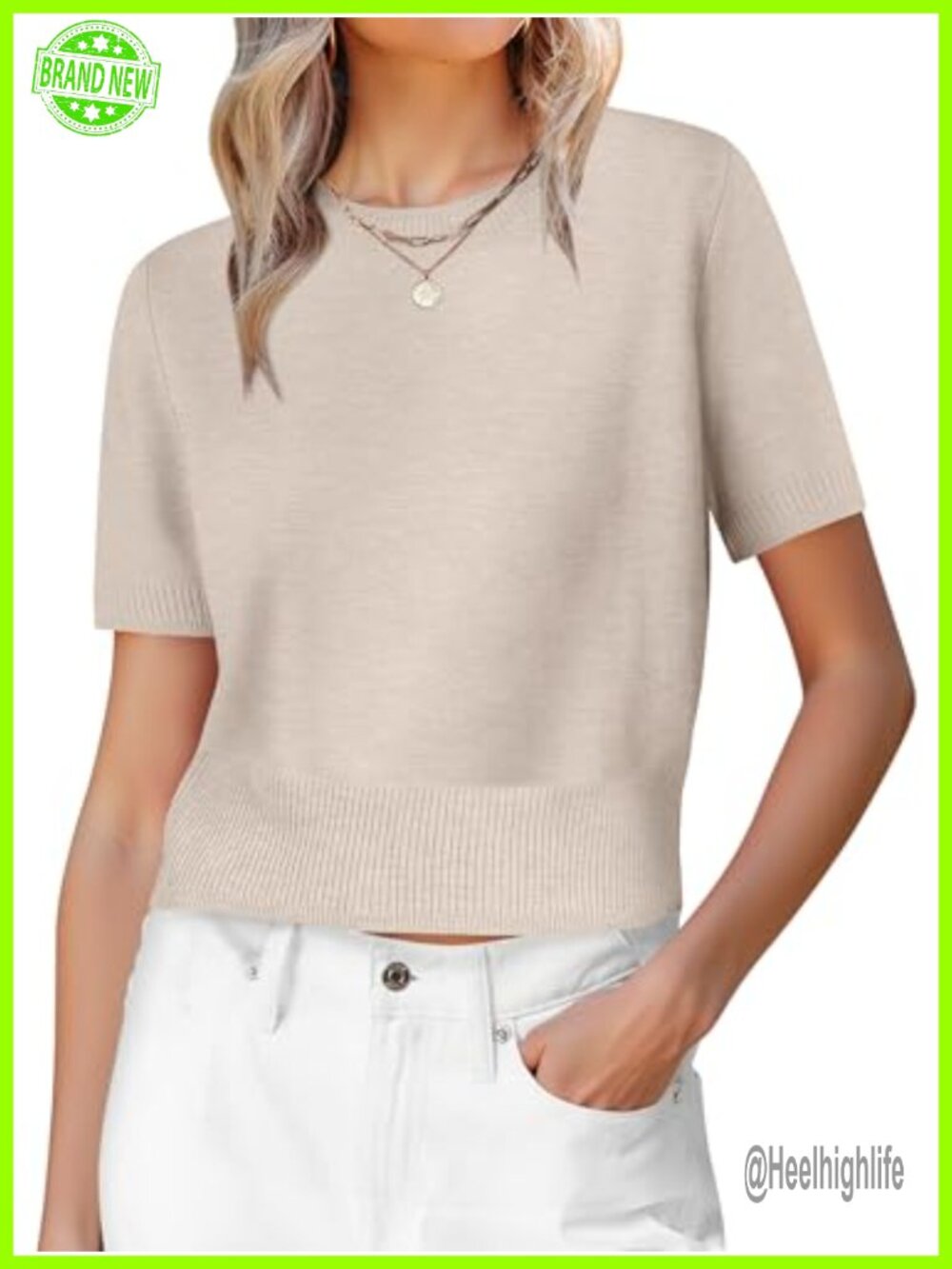 Short sleeve cropped crew neck pullover sweater